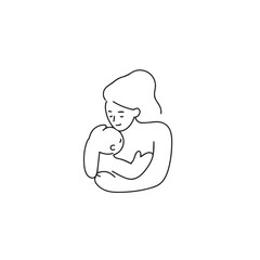 Black and white line art of a beautiful mother lovingly embracing her baby minimalist tender illustration