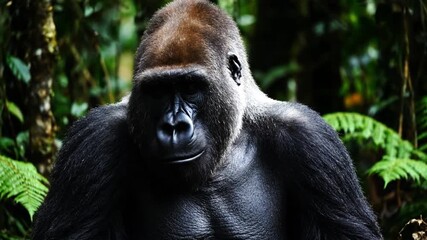 Close-up shot of a dominant silverback gorilla in its lush jungle habitat Experience the raw power and serene presence of this magnificent primate in nature - Powered by Adobe