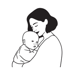 Black and white line art of a beautiful mother lovingly embracing her baby minimalist tender illustration