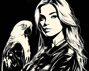 Monochrome portrait of a woman with a parrot