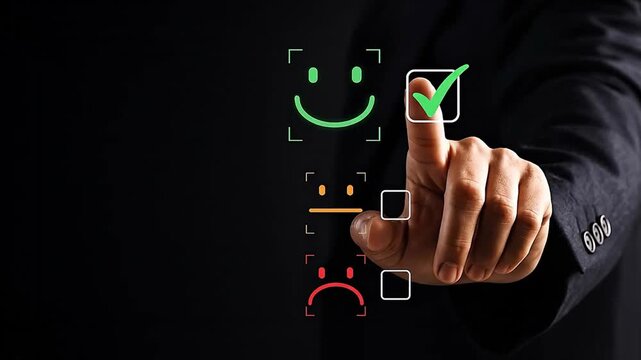 Hand choosing happy face emoji on virtual screen for customer satisfaction survey, excellent service, positive feedback