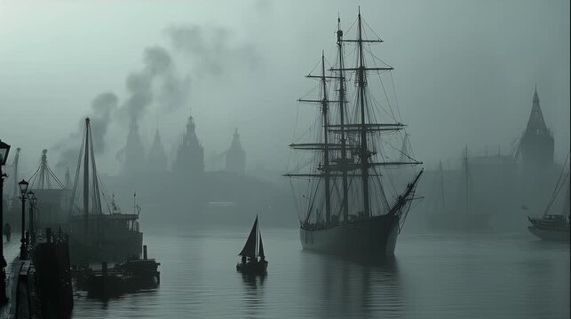 Foggy English port with wooden warships in 1800s