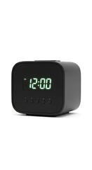 Modern black digital alarm clock with glowing green display, showing the time 12:00.