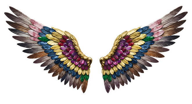 Decorative Colorful Angel Wings with Gemstones and Feathers png clear alpha channel cutout isolated on transparent background