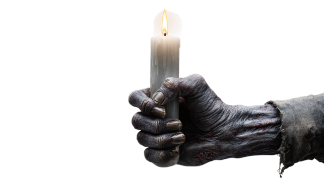 Zombie hand holding candle isolated on transparent background