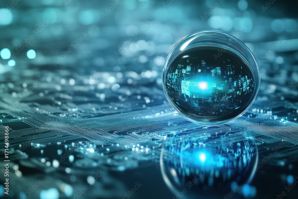 Poster exploration of futuristic technology with a digital orb on a circuit board