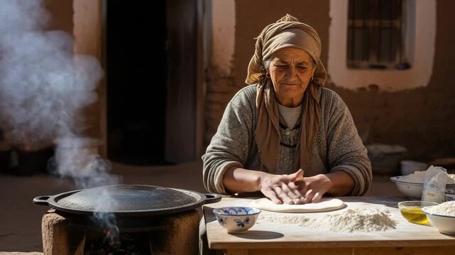 Grandmother prepares traditional flatbread in a rural North African village during warm daylight