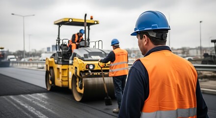 Road construction crew working with steamroller workers