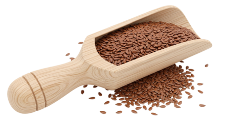 A rustic wooden scoop overflowing with nutritious flax seeds against a sleek black backdrop in sharp focus and