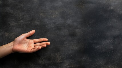 Male hand pointing to a spot on a black graphite chalk board with dark background and blank copy space. Banner template for text, web link or teaching and learning concept or advertising and marketing