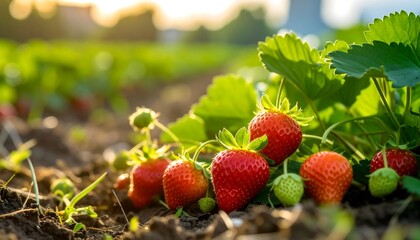 Fresh strawberries in a sunlit field