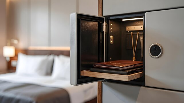Open hotel room safe with valuables inside, showing a secure place for storing important items in a bedroom