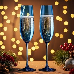 Two elegant, cobalt-blue champagne flutes, filled with sparkling wine, stand against a backdrop of warm, golden lights and festive greenery, creating a celebratory mood.
