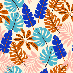 Abstract seamless tropical pattern with bright plants and leaves on a beige background. Seamless pattern with colorful leaves and plants. Jungle leaf seamless vector floral pattern background.
