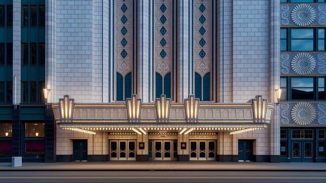 The ornate entrance of a historic theater illuminated at dusk, showcasing its classic architectural details and glowing marquee lights