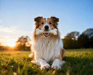 A dog is laying on the grass with a bone in its mouth