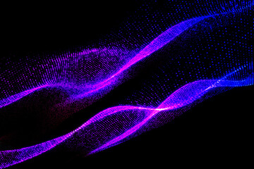 Violet Abstract neon waves of dots, particles, and molecules, pink intertwining cosmic spaces with the Milky Way and glowing light, ideal for technology, music, advertisements, and promotional posters