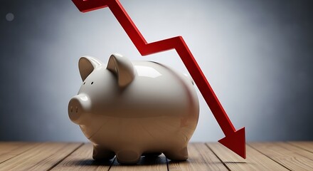 Piggy bank red arrow downward trend white financial crisis