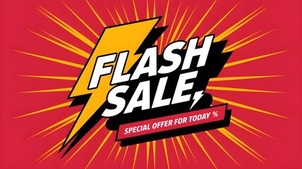 Bold flash sale text with a lightning bolt graphic and a special offer for today banner on a vibrant red background with radiating lines