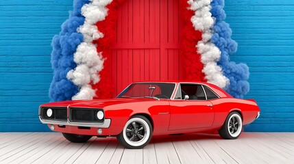 Red Classic Car in Colorful Smoke Setting