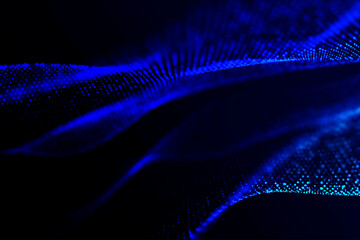 Abstract blue neon waves of dots, particles, and molecules, intertwining cosmic spaces with the Milky Way and glowing light, ideal for technology, music, advertisements, and promotional posters