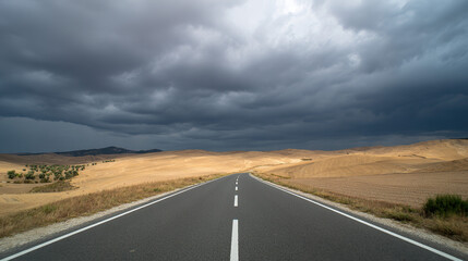 Naklejka premium asphalt. Panoramic view of an empty road under cloudy skies, capturing a serene and open landscape. travel magazines, destination branding, designed for outdoor magazines and nature guides.