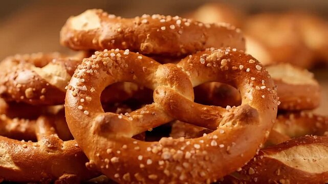 Golden brown pretzels piled high, sprinkled with coarse salt, offering a delicious baked treat.