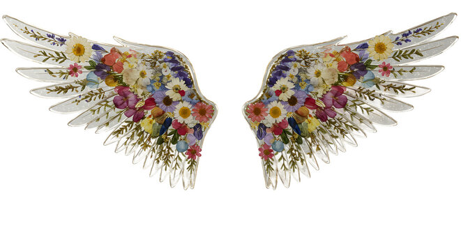Enchanting Angel Wings Adorned with Dried Flowers and Glitter png clear alpha channel cutout isolated on transparent background