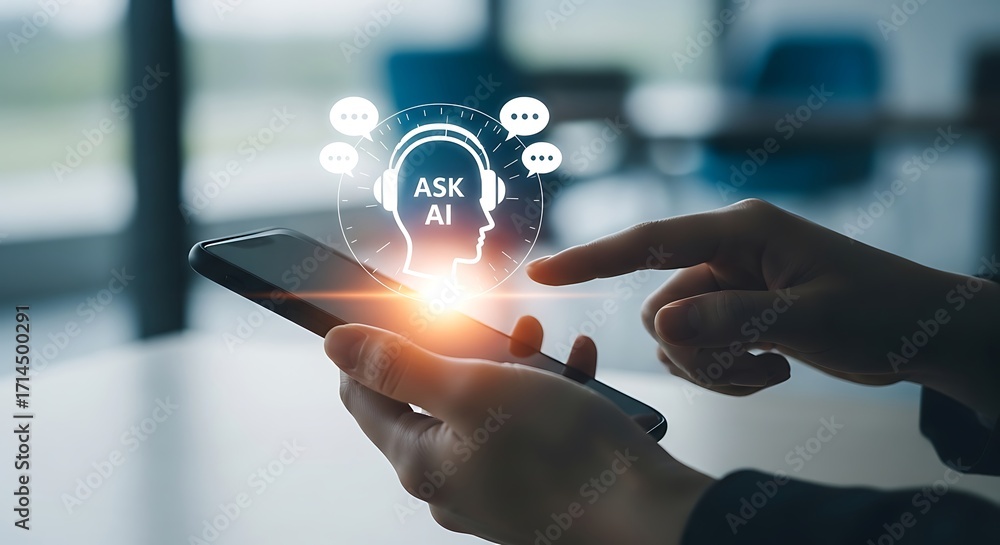 Poster person using smartphone interacting with a i chatbot