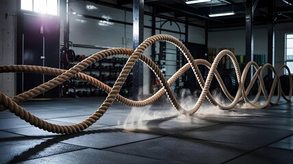 Battle ropes in a gym, creating waves of motion with dust and water splashing, symbolizing intense workout and functional training