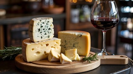 A selection of gourmet cheeses, including blue cheese and aged cheddar, served on a wooden board with a glass of red wine and rosemary sprigs, perfect for a wine tasting or cheese platter