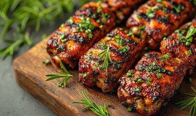 Close-up of grilled chicken skewers on a wooden board. Fresh herbs and grill marks are visible