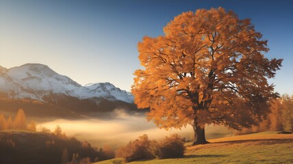 A majestic, large tree with vibrant orange autumn foliage stands tall in a field, with misty mountains and a clear blue sky in the background