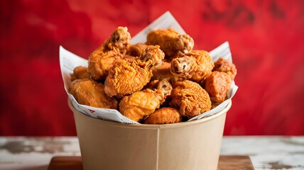 A bucket overflowing with crispy, goldenbrown fried chicken pieces, presented against a vibrant red background, ideal for fast food advertising or a casual dining concept