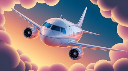 A commercial airplane flying through a sky filled with soft, fluffy clouds during sunset, conveying travel, adventure, and freedom