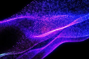 Violet Abstract neon waves of dots, particles, and molecules, pink intertwining cosmic spaces with the Milky Way and glowing light, ideal for technology, music, advertisements, and promotional posters