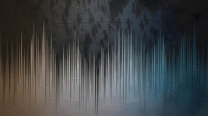Abstract sound wave visualization with vertical lines of varying heights and colors, set against a dark, textured background with reflections