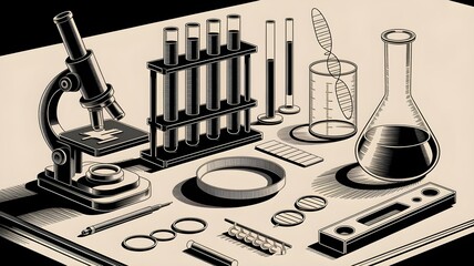 Vintage scientific illustration of laboratory equipment on a table, featuring a microscope, test tubes, beakers, and other glassware