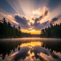 A serene sunrise over a tranquil lake, with dramatic clouds reflected in the glassy water, showcasing a peaceful forest scene.