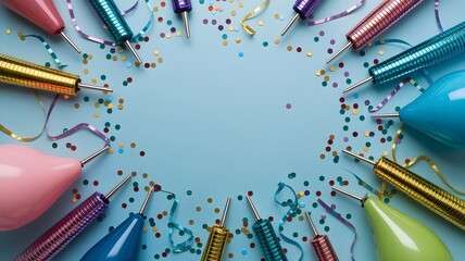 A festive arrangement of colorful party poppers and confetti scattered in a circular pattern on a light blue background, perfect for celebrations
