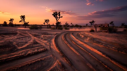 Dusty desert road with tire tracks leading towards joshua trees at sunset with a dramatic sky