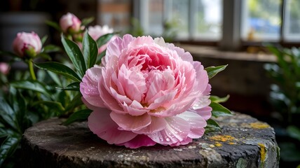 A delicate pink peony flower with water droplets rests on a weathered wooden surface, surrounded by lush green leaves and unopened buds
