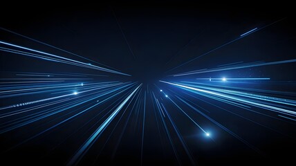 Abstract digital illustration of blue light trails and glowing dots creating a sense of speed and futuristic technology on a dark background