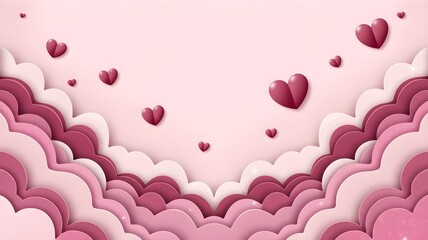 A soft pink background with layered clouds and floating hearts, perfect for valentines day or romantic themes