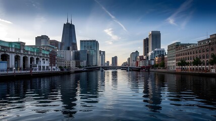 Cityscape reflecting in a river at dusk with modern buildings and a dramatic sky, showcasing urban architecture and waterfront views