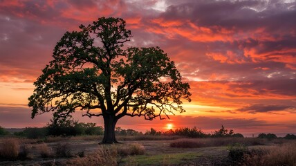 Majestic ancient oak tree silhouetted against a dramatic fiery sunset sky with vibrant orange and red clouds, casting a warm glow on the landscape