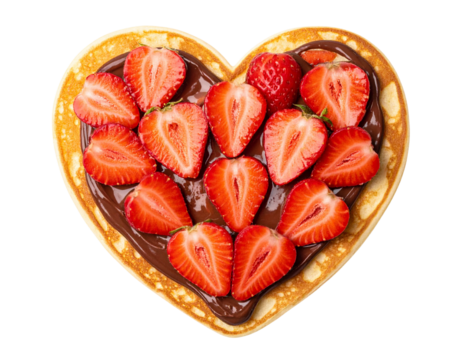 Heart-Shaped Crepe with Strawberries and Chocolate, Top-Down View, isolated