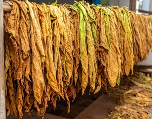 Dried tobacco leaves hanging