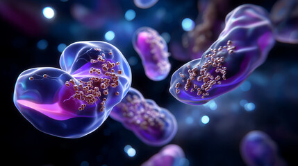 Futuristic glowing probiotics rendered digitally under magnification.