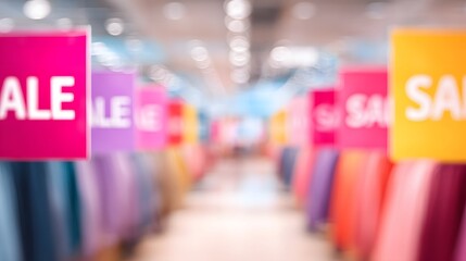 Obraz premium Community discount store blurred colorful SALE boards on racks